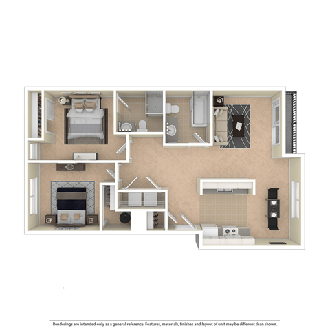 Floor plan for 2 beds, 2 baths, 908 sqft